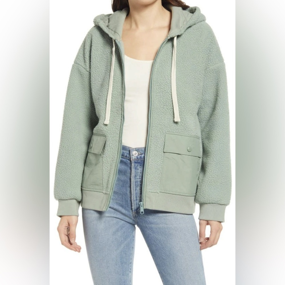 Madewell Frosted Willow Green Resourced Cozy  Sherpa Hoodie Jacket